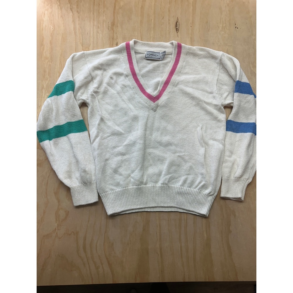 Vintage Forenza Sportswear V-Neck Sweater White Pink Blue Green Stripes Large